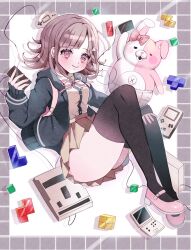 Rule 34 | 1girl, ass, breasts, brown hair, collared shirt, danganronpa (series), danganronpa 2: goodbye despair, flipped hair, game console, hair ornament, handheld game console, highres, jacket, long sleeves, looking at viewer, medium hair, monomi (danganronpa), nanami chiaki, neck ribbon, open clothes, open jacket, pink bag, pink eyes, pink ribbon, pleated skirt, ribbon, shirt, shirt tucked in, skirt, smile, spaceship hair ornament, tetris, thighhighs, two-tone shirt, white shirt, yuyu (yuuyudayo1211)