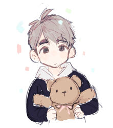 Rule 34 | 1boy, :/, black eyes, black hoodie, blush stickers, chinese commentary, closed mouth, commentary request, confetti, cropped torso, expressionless, facing viewer, grey hair, haikyuu!!, hands up, holding, holding stuffed toy, hood, hood down, hoodie, linbeiyx, looking at object, male focus, miya osamu, short hair, simple background, sketch, solo, stuffed animal, stuffed toy, teddy bear, thick eyebrows, two-handed, very short hair, white background
