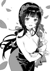 1girl absurdres armpit_crease blunt_bangs blush breasts broken_necklace choker cleavage collarbone commentary_request covering_breasts covering_privates cowboy_shot ddal dress falling_petals flower_hairband furrowed_brow greyscale highres large_breasts long_hair looking_at_viewer monochrome nail_polish original parted_lips pendant_choker petals simple_background single_bare_shoulder solo strap_slip tearing_up wavy_mouth white_background