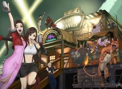 5girls 5ta2_5 aerith_gainsborough asymmetrical_bangs bandana barret_wallace beige_shorts belt biggs_(ff7) black_hair blonde_hair blue_jacket bracelet braid breasts brown_eyes brown_hair brown_vest cait_sith_(final_fantasy) cape cid_highwind cloud_strife cropped_jacket crossed_arms curly_hair dress everyone fiery_tail final_fantasy final_fantasy_vii fingerless_gloves gloves green_eyes green_shirt headband jacket jessie_rasberry jewelry large_breasts long_dress long_hair low-tied_long_hair lower_teeth_only marlene_wallace midriff miniskirt multiple_boys multiple_girls navel open_mouth pink_dress pink_ribbon ponytail red_bandana red_cape red_fur red_headband red_jacket red_xiii ribbon seventh_heaven shirt short_hair sidelocks skirt sleeveless sleeveless_turtleneck spiked_hair square_enix suspender_skirt suspenders tail teeth tifa_lockhart turtleneck upper_teeth_only vest vincent_valentine wedge_(ff7) yuffie_kisaragi