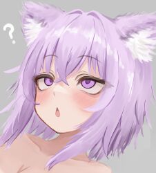 1girl :o ? absurdres animal_ear_fluff bare_shoulders blush collarbone commentary crossed_bangs empty_eyes english_commentary grey_background hair_between_eyes highres hololive lucien_000298 nekomata_okayu purple_eyes purple_hair rolling_eyes short_hair simple_background solo triangle_mouth virtual_youtuber