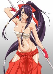 1girl absurdres alternate_costume alternate_hairstyle arm_up armpit_peek bare_shoulders blue_eyes breasts cleavage fingerless_gloves gloves hair_over_one_eye highres ikkitousen japanese_clothes kan&#039;u_unchou large_breasts legs long_hair looking_at_viewer midriff navel no_panties ponytail purple_hair sarashi simple_background smile solo standing thighs toned very_long_hair weapon white_background yabusame
