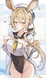 Rule 34 | 1girl, absurdres, animal ears, arknights, black leotard, black sailor collar, blonde hair, covered navel, cowboy shot, cropped shirt, dorothy (arknights), grey jacket, hat, highleg, highleg leotard, highres, jacket, leotard, light blush, long hair, long sleeves, looking at viewer, mango (mgo), mouse ears, mouse girl, neckerchief, off shoulder, ponytail, sailor collar, shirt, solo, white hat, white shirt, yellow eyes, yellow neckerchief