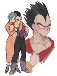Rule 34 | 1boy, 1girl, belt, black eyes, black hair, blue eyes, boots, bulma, denim, dragon ball, dragon ball gt, gloves, highres, husband and wife, jeans, muscular, muscular male, open mouth, pants, short hair, smile, spiked hair, tank top, vegeta, vodjaaam, widow&#039;s peak
