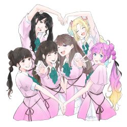 4th_live_dream_~bloom_the_dream_believers~ 6+girls :3 :d ;d ahoge animification anyoji_hime ascot black_hair blonde_hair blue_eyes blue_hair blunt_bangs blunt_sidelocks blush breasts brown_eyes brown_hair commentary_request curtained_hair dream_believers dress fang fangs flower flower_stand_art frilled_ascot frilled_dress frills fujishima_megumi gradient_hair green_ascot grey_eyes grin hair_flower hair_intakes hair_ornament heart_arms heart_arms_quartet highres kan_kanna kurusu_rin large_breasts link!_like!_love_live! long_hair love_live! mira-cra_park! mole mole_under_eye multi-tied_hair multicolored_hair multiple_girls one_eye_closed open_hand open_mouth osawa_rurino parted_bangs pink_dress pink_flower pink_hair ponytail purple_eyes real_life short_sleeves sidelocks simple_background smile teeth tsukine_kona twintails two_side_up upper_teeth_only v-shaped_eyebrows virtual_youtuber voice_actor voice_actor_connection white_background yam5565