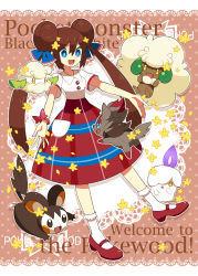 1girl blue_eyes blush bracelet brown_hair cottonee creatures_(company) dadadanoda double_bun dress emolga game_freak gen_5_pokemon hair_bun highres jewelry litwick long_hair mary_janes nintendo open_mouth outstretched_arms plaid_clothes plaid_dress pokemon pokemon_(creature) pokemon_bw2 ribbon rosa_(pokemon) shoes smile socks twintails very_long_hair whimsicott white_legwear zorua