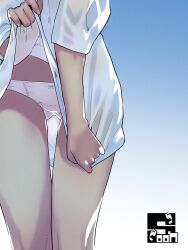 1girl artist_logo artist_name bow bow_panties close-up clothes_lift female_focus highres lifting_own_clothes logo original panties shirt shirt_lift solo soon_(c-u-soon) thigh_gap thighs underwear white_panties white_shirt
