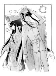 1boy 1girl :d arm_up backlighting belt black_hair brother_and_sister buttons center-flap_bangs closed_mouth collared_cape cowboy_shot cropped_legs crosshatching double-breasted fate/grand_order fate_(series) fiery_hair hair_between_eyes hat hatching_(texture) high_collar highres illen inset_border jacket kepi light_blush long_hair looking_at_viewer low_ponytail medallion military_hat military_jacket military_uniform monochrome oda_nobukatsu_(fate) oda_nobunaga_(fate) oda_nobunaga_(koha-ace) open_mouth outside_border pants peaked_cap ponytail popped_collar profile salute screentones siblings sidelocks smile v-shaped_eyebrows very_long_hair white_background