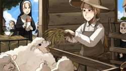 &gt;_&lt; 5girls :&lt; :d apron bird blonde_hair blue_eyes brown_eyes brown_hair cat chicken clumsy_nun_(diva) commentary diva_(hyxpk) duck english_commentary feeding froggy_nun_(diva) grey_apron grey_hat hat hay highres little_nuns_(diva) long_hair mole mole_on_cheek mole_under_mouth multiple_girls nun open_mouth sheep shirt smile spicy_nun_(diva) strict_nun&#039;s_mother_(diva) strict_nun_(diva) traditional_nun white_shirt