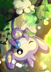 aipom berry_(pokemon) black_eyes blurry branch bright_pupils commentary_request day depth_of_field gen_2_pokemon grin holding leaf looking_at_viewer nintendo no_humans one_eye_closed oooise oran_berry outdoors plant pokemon pokemon_(creature) pokemon_focus signature smile solo teeth vines white_pupils