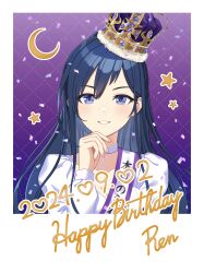 Rule 34 | 1girl, 2024, absurdres, artist request, blue eyes, blue hair, border, choker, confetti, crescent moon, crown, dress, english text, hand on own chin, happy birthday, highres, kurogane ren, long hair, long sleeves, moon, official art, open mouth, outside border, purple background, purple eyes, ribbon, shine post, smile, solo, sparkle, star (symbol), tasuki, teeth, upper body, white border, white choker, white dress, white ribbon