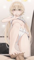 1boy 1girl absurdres barefoot bikini blue_archive cameltoe censored feet footjob frilled_bikini frills halo hetero hifumi_(blue_archive) hifumi_(swimsuit)_(blue_archive) highres long_hair low_twintails male_pubic_hair mosaic_censoring navel official_alternate_costume penis pubic_hair shengtian swimsuit toes twintails white_bikini