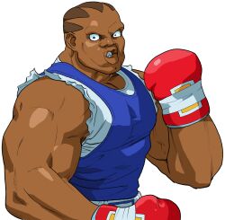 Rule 34 | 1boy, angry, balrog (street fighter), bengus, black hair, boxing gloves, clenched teeth, dark-skinned male, dark skin, fighting stance, game cg, hand up, highres, looking at viewer, male focus, muscular, muscular male, no eyebrows, non-web source, official art, open mouth, portrait, short hair, shorts, simple background, solo, street fighter, street fighter zero (series), tank top, teeth, torn clothes, upper body, white background