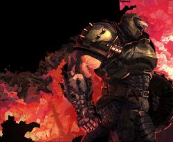 Rule 34 | 1boy, armor, bara, biceps, doom (series), doomguy, fire, hell, highres, kartinonos, muscular, muscular male, veins, walking away