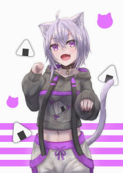 1girl ahoge animal_ears black_collar black_hoodie cat_ears cat_girl cat_tail collar fang food_print highres hololive hood hoodie looking_at_viewer nekomata_okayu nekomata_okayu_(1st_costume) onigiri_print open_mouth paw_pose peppertomo purple_eyes purple_hair skin_fang smile solo tail virtual_youtuber