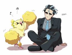 &gt;o&lt; 1boy batabiru black_footwear black_gloves black_hair black_pants black_suit blue_necktie cheering collared_shirt dated formal_clothes full_body game_freak gen_7_pokemon gloves grey_hair grey_shirt hands_on_ground indian_style jacket larry_(pokemon) long_sleeves looking_at_another male_focus multicolored_hair musical_note necktie nintendo oricorio oricorio_(pom-pom) pants partially_unbuttoned pokemon pokemon_(creature) pokemon_sv shirt short_hair sitting streaked_hair suit suit_jacket thick_eyebrows twitter_username two-tone_hair
