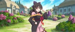 1girl arue_(konosuba) black_robe blue_sky bow breasts brown_hair building cloud cloudy_sky collared_dress cowboy_shot day diagonal-striped_clothes diagonal-striped_necktie dirt_road dress drill_hair drill_sidelocks eyepatch game_cg hair_between_eyes hair_bow hand_on_own_hip hand_over_eye hand_up highres kono_subarashii_sekai_ni_shukufuku_wo! konosuba!_fantastic_days large_bow large_breasts light_blush long_hair looking_at_viewer necktie off_shoulder official_art open_mouth orange_necktie outdoors pink_dress purple_bow red_eyes red_necktie red_prison_magic_school_uniform road robe school_uniform short_dress sidelocks sky smile solo standing striped_clothes tachi-e two-tone_necktie