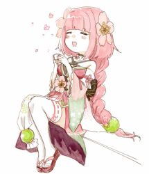 1girl =_= asuka_rkgk blush braid braided_ponytail commentary flower hair_flower hair_ornament long_hair open_mouth pink_flower pink_hair rune_factory rune_factory:_guardians_of_azuma sandals simple_background smile solo symbol-only_commentary ulalaka very_long_hair white_background wide_sleeves zouri
