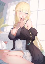 1girl aizawa_ema alternate_costume aqua_eyes armpit_crease bare_shoulders blonde_hair blunt_bangs blush breasts chemise cleavage colored_tips commentary_request covered_navel hair_flaps hair_over_shoulder hand_to_own_mouth highres holding holding_pillow indoors jacket jacket_partially_removed large_breasts long_hair looking_at_viewer loungewear multicolored_hair open_clothes open_jacket open_mouth pillow plant potted_plant sino_(oyasumi_hf) sitting solo virtual_youtuber vspo! wariza window yawning