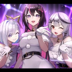 3girls ;) ;d alternate_costume amane_kanata asymmetrical_sidelocks azki_(hololive) bell belt black_hair black_streaks black_stripes blowing_kiss blue_hair blunt_bangs braid breasts choker collarbone colored_inner_hair diffraction_spikes double-parted_bangs dress fang flower_hairpin fur-trimmed_dress fur_trim gloves grey_hair hair_between_eyes hair_ornament high_belt highres hololive lace lace-trimmed_gloves lace_trim leather_belt long_hair multicolored_hair multiple_girls neck_bell off-shoulder_dress off_shoulder one_eye_closed open_hand open_mouth petcha_the_o pink_hair pink_stripes pom_pom_(clothes) purple_eyes red_eyes sakamata_chloe santa_costume santa_dress short_hair short_sleeves shuriken_hair_ornament side_braid single_hair_intake skin_fang sleeveless sleeveless_dress smile straight_hair strapless strapless_dress streaked_hair upper_body virtual_youtuber white_choker white_gloves white_santa_costume white_stripes x_hair_ornament