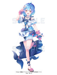 1girl :d arm_up bare_shoulders beret blue_hair blue_hat brown_sandals dress fins fish_tail full_body hat highres indie_virtual_youtuber ittokyu kuzirano_aika looking_at_viewer off-shoulder_dress off_shoulder official_art open_mouth pleated_skirt red_eyes sample_watermark sandals simple_background skirt smile solo standing standing_on_one_leg tail virtual_youtuber w watermark white_background white_dress white_skirt wrist_cuffs