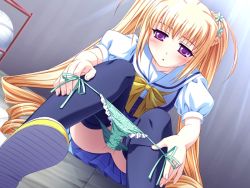 1girl aged_down ayatsuki_riri blonde_hair blush changing ero_smash female_focus lace lace-trimmed_panties lace_trim long_hair panties panty_pull purple_eyes saeki_hokuto school_uniform shoes side-tie_panties solo storeroom thighhighs underwear undressing upskirt voyeurism