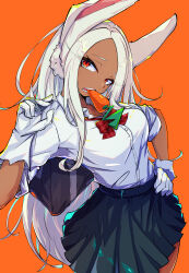 Rule 34 | 1girl, absurdres, animal ears, bag, blue skirt, boku no hero academia, bow, bowtie, breasts, carrot, dark-skinned female, dark skin, food in mouth, gloves, hand on own hip, hand up, highres, karan koron100, long eyelashes, long hair, looking at viewer, medium breasts, mirko, orange background, parted bangs, plaid bow, plaid bowtie, plaid clothes, pleated skirt, rabbit ears, rabbit girl, red bow, red bowtie, red eyes, school uniform, shirt, shirt tucked in, simple background, skirt, sleeves rolled up, solo, teeth, very long hair, white gloves, white hair, white shirt