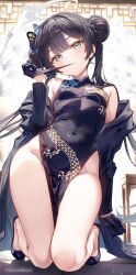 1girl biting biting_glove black_coat black_dress black_gloves black_hair black_shoes blue_archive butterfly_hair_ornament china_dress chinese_clothes closed_mouth coat covered_navel double_bun dragon_print dress fujima_takuya gloves grey_eyes hair_bun hair_ornament halo highres kisaki_(blue_archive) kneeling loli long_hair long_sleeves no_panties open_clothes open_coat shoes solo thighs
