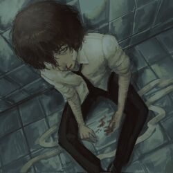 Rule 34 | 1boy, bandage on face, bandages, black eyes, black necktie, blood, blood on ground, blood on hands, brown hair, bungou stray dogs, collared shirt, dazai osamu (bungou stray dogs), from above, hair over one eye, highres, looking at viewer, male focus, multiple scars, muted color, necktie, nosebleed, on ground, scar, scar on arm, shirt, short hair, sitting, sleeves rolled up, solo, sonaireeart, tile floor, tile wall, tiles, upper body, white shirt, wrist cutting