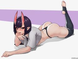 1girl alternate_costume artist_name ass bad_id bad_pixiv_id black_panties black_thighhighs blush bob_cut breasts cropped_shirt eyeliner fang fate/grand_order fate_(series) full_body head_rest highres horns leg_up looking_at_viewer lying makeup on_stomach oni open_mouth panties pointy_ears purple_background purple_eyes purple_hair shadow shirt short_eyebrows short_hair shuten_douji_(fate) simple_background skin-covered_horns small_breasts smile solo stopu thighhighs thighs thong toeless_legwear two-tone_background underboob underwear white_background white_shirt