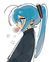 1girl ahoge alternate_hairstyle black_jacket blue_eyes blue_hair chewing_gum ear_piercing eyelashes hashtag-only_commentary hatsune_miku headset highres jacket long_hair long_sleeves looking_afar makeup piercing pixel_art ponytail profile rouge_(makeup) sidelocks simple_background solo suuroku upper_body vocaloid white_background