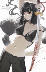 Rule 34 | 1girl, groin, highres, katana, limbus company, miruraisu, navel, open fly, pants, project moon, ryoshu (project moon), sword, weapon