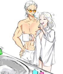 1boy 1girl absurdres bathroom braid brushing_teeth couple earrings glasses highres holding holding_brush jewelry non-web_source queen_(to_be_hero_x) shirt single_braid tinted_eyewear to_be_hero to_be_hero_x white_background white_hair white_shirt x_(to_be_hero_x) yellow-tinted_eyewear