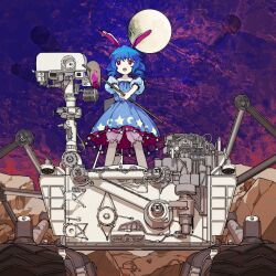 1girl :o animal_ears bloomers blue_dress blue_hair dress drill_hair full_body full_moon holding kaigen_1025 kine looking_at_viewer mallet medium_hair moon open_mouth pink_bloomers puffy_short_sleeves puffy_sleeves rabbit_ears rabbit_girl red_eyes robot rock seiran_(touhou) short_sleeves solo standing teeth touhou underwear unused_tire upper_teeth_only