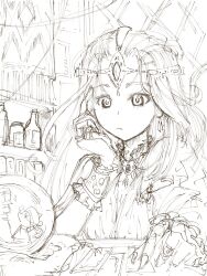 Rule 34 | 1girl, adapted costume, alena (dq4), book, bored, bottle, cameo, card, circlet, clift, crystal ball, curtains, daifuku1092, dragon quest, dragon quest iv, earrings, forehead jewel, fortune teller, greyscale, hand on own face, highres, jewelry, light frown, long hair, minea (dq4), monochrome, multiple rings, neck ring, potion, ring, shelf, sketch, solo, tarot, tarot card, watching