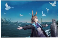 1girl 1other absurdres amiya_(arknights) animal_ears arknights ascot bird black_coat black_jacket brown_hair closed_eyes closed_mouth coat commentary copyright_name doctor doctor_(arknights) dove english_commentary hands_in_pockets highres hood hood_up hooded_coat jacket long_hair long_sleeves open_clothes open_jacket outdoors outstretched_arms ponytail profile purple_ascot railing spread_arms white_bird yanque