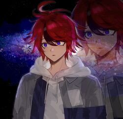1boy ahoge black_streaks blue_eyes blue_jacket chinese_commentary derivative_work grey_jacket highres hood hoodie jacket jacket_over_hoodie loading_icon male_focus multicolored_hair multicolored_jacket nebula open_clothes open_jacket red_hair screenshot_redraw short_hair solo streaked_hair sumino_takumi syuu_1125 the_hundred_line_-last_defense_academy- two-tone_jacket white_hoodie zoom_layer
