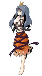 Rule 34 | 1girl, bare shoulders, barefoot, black ribbon, blue hair, breasts, chirizuka ubame, clenched hand, commentary request, crop top, dairi, from side, full body, hand on own chest, highres, large variant set, long hair, looking at viewer, medium breasts, navel, open mouth, orange skirt, purple eyes, purple ribbon, ribbon, ribbon around body, shaded face, simple background, skirt, smile, solo, standing, standing on one leg, stomach, tachi-e, tank top, tiara, touhou, transparent background, variant set, white tank top