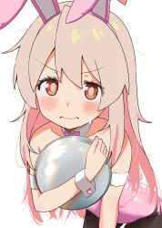 1girl absurdres animal_ear_hairband animal_ears arm_strap bare_arms bare_shoulders black_pantyhose blush bow bowtie brown_eyes colored_inner_hair commentary detached_collar embarrassed fake_animal_ears frown hairband highres holding holding_tray leaning_forward leotard long_hair looking_at_viewer multicolored_hair onii-chan_wa_oshimai! oyama_mahiro pantyhose pink_bow pink_bowtie pink_hair pink_hairband pink_leotard playboy_bunny rabbit_ears shiina_excel simple_background solo strapless strapless_leotard sweatdrop tray two-tone_hair very_long_hair wavy_mouth white_background wrist_cuffs