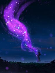 1girl black_hair blue_sky curly_hair dress full_body holding holding_jar jar long_hair magic night original outdoors painterly purple_dress purple_theme scenery sky solo standing star_(symbol) swirl zandra