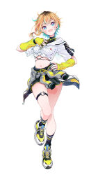 1girl black_shirt black_socks blue_eyes blush braid clothes_around_waist cropped_hoodie detached_sleeves full_body grey_jacket hand_on_own_chest hand_on_own_hip highres hood hoodie idolmaster idolmaster_va-liv jacket jacket_around_waist letora_(idolmaster) looking_at_viewer midriff multicolored_hair multicolored_nails muto_(n0sug4r) navel official_art open_mouth roots_(hair) shirt shoes short_hair sneakers socks solo streaked_hair thigh_strap virtual_youtuber white_background white_hoodie yellow_shoes yellow_sleeves