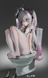 1girl absurdres black_background black_horns black_shoes breasts demon_girl demon_horns feet full_body gradient_background grey_hair highres horns knees_up long_hair multicolored_hair original pantyhose pepperdevil pink_eyes pink_hair shoes sitting small_breasts smoking solo toilet two-tone_hair very_long_hair white_pantyhose