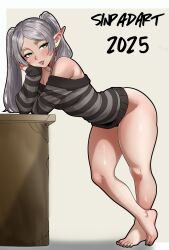1girl 2025 absurdres artist_name ass bare_shoulders bent_over black_lips black_shirt blush bottomless collarbone curvy dated earrings feet frieren green_eyes highres huge_ass jewelry legs lipstick long_hair long_sleeves makeup no_panties pointy_ears shirt sinpadart solo sousou_no_frieren striped_clothes sweater thick_thighs thighs tongue tongue_out twintails white_hair