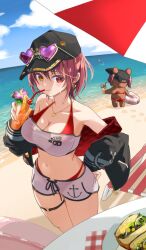 Rule 34 | 1girl, baseball cap, bikini, bikini under clothes, breasts, bzr2t1zlen79184, crop top, hat, heterochromia, highres, houshou marine, houshou marine (summer), jacket, jewelry, large breasts, navel, official alternate costume, red bikini, red hair, see-through clothes, see-through shirt, shirt, short hair, short shorts, shorts, swimsuit, thigh strap, white shorts