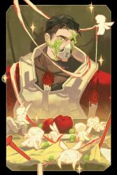 1boy apple armor arthropod_limbs bandage_over_one_eye black_hair clone fairy food fruit gloves green_eyes gregor_(project_moon) hair_slicked_back highres inset_border jing84672940 limbus_company male_focus mask meursault_(project_moon) mouth_mask n_corp._fanatic_(identity)_(project_moon) nail_(hardware) peas plate project_moon red_nails ribbon shadow sitting solo sparkle string table tablecloth talisman tube upper_body wax_seal white_gloves