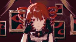 1girl absurdres ahoge alternate_costume black_dress black_gloves d/n/a_(vocaloid) dress drill_hair gloves hair_between_eyes hands_up highres horror_(theme) jewelry kasane_teto lips looking_at_viewer necklace painting_(action) parted_lips portrait portrait_(object) red_background red_eyes red_hair ririansaguru straight-on twin_drills utau