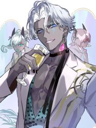 Rule 34 | ..., 1girl, 2boys, animal ears, black-framed eyewear, black choker, black nails, black shirt, blue eyes, boy vajra (fate), boy vajra (fgo fes. 2025) (fate), choker, closed mouth, colored skin, cup, dark-skinned male, dark skin, drink, drinking glass, earrings, fate/grand order, fate (series), girl vajra (fate), girl vajra (fgo fes. 2025) (fate), glasses, green eyes, green hair, green shirt, grey jacket, grey skin, hair between eyes, hair over one eye, hand up, high ponytail, highres, holding, holding cup, indra (fate), indra (fgo fes. 2025) (fate), jacket, jewelry, lightning bolt facial mark, long hair, long sleeves, looking at viewer, multiple boys, nail polish, neck ring, necktie, open clothes, open jacket, open mouth, parted bangs, parted lips, pectoral cleavage, pectorals, pink eyes, pink hair, ponytail, poppoman, shirt, short hair, single earring, sleeveless, sleeveless shirt, smile, upper body, white hair, white jacket
