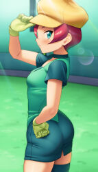 1girl ass blue_eyes blush breasts choker closed_mouth commentary_request day georgia_(pokemon) gloves grass green_gloves green_vest hand_on_headwear hand_on_own_hip hand_up hat highres light_rays looking_to_the_side nintendo outdoors pokemon pokemon_(anime) pokemon_bw_(anime) short_hair short_sleeves solo standing thighhighs vest watanuki_kaname yellow_hat