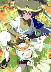 1boy 1girl absurdres aqua_gemstone arm_up armlet armor black_bodysuit black_bridal_gauntlets black_hair black_hat black_leggings black_sandals black_shorts blue_kimono blue_sleeves blunt_ends blush bodysuit bracelet bridal_gauntlets cape closed_eyes closed_mouth detached_sleeves dress eyelashes eyeliner eyeshadow facing_another facing_up feathers field flower flower_field flower_wreath gem genshin_impact gold gold_trim grass green_dress green_hair green_sleeves hair_between_eyes hair_ornament hakama hakama_shorts hand_on_own_stomach happy hat highres japanese_armor japanese_clothes jewelry jingasa juban kimono knee_up kote kurokote lap_pillow layered_sleeves leaf leaf_hair_ornament leg_warmers leggings long_hair looking_at_another looking_down lying magnet_8_8 makeup multicolored_hair nahida_(genshin_impact) on_grass open_clothes open_hand open_hands open_kimono outdoors outstretched_arm pleated_shorts purple_cape purple_eyes red_eyeliner red_eyeshadow red_flower sandals scaramouche_(genshin_impact) short_sleeves shorts shoulder_peek side_ponytail sidelocks sitting smile streaked_hair teeth toes tsurime upper_teeth_only vision_(genshin_impact) wanderer_(genshin_impact) white_hair white_kimono white_leg_warmers white_sleeves yellow_feathers zouri