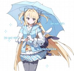 1girl ame_ame blonde_hair blue_skirt blue_umbrella blue_vest brown_eyes closed_mouth commission cowboy_shot english_text grey_pantyhose highres holding holding_umbrella original pantyhose shirt skirt solo stuffed_animal stuffed_toy two_side_up umbrella vest watermark white_background white_shirt